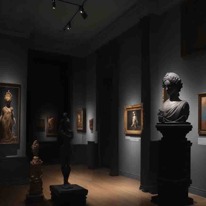 A room filled with artistic treasures, featuring statues and paintings on the walls.