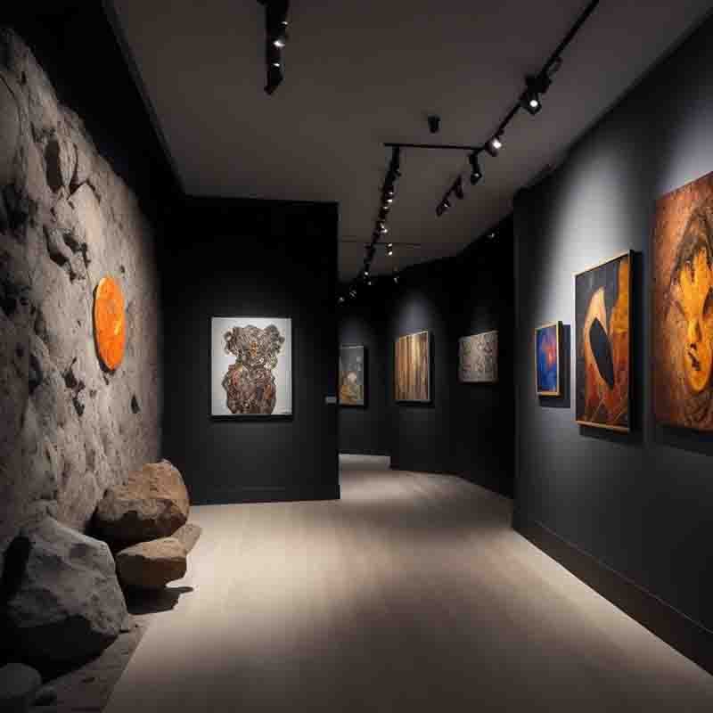 Array of paintings exhibited in an elegant art gallery