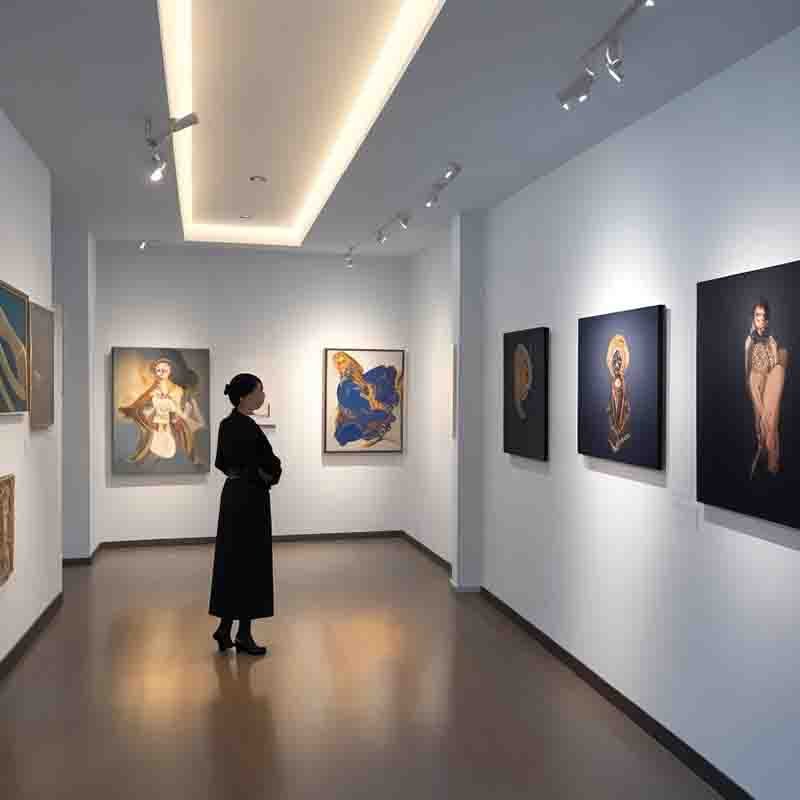 A woman engrossed in observing paintings at an art gallery, appreciating the art curated artistic expressions on display.