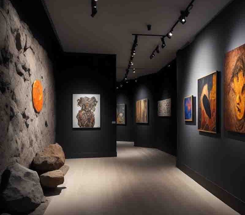 Array of paintings exhibited in an elegant art gallery